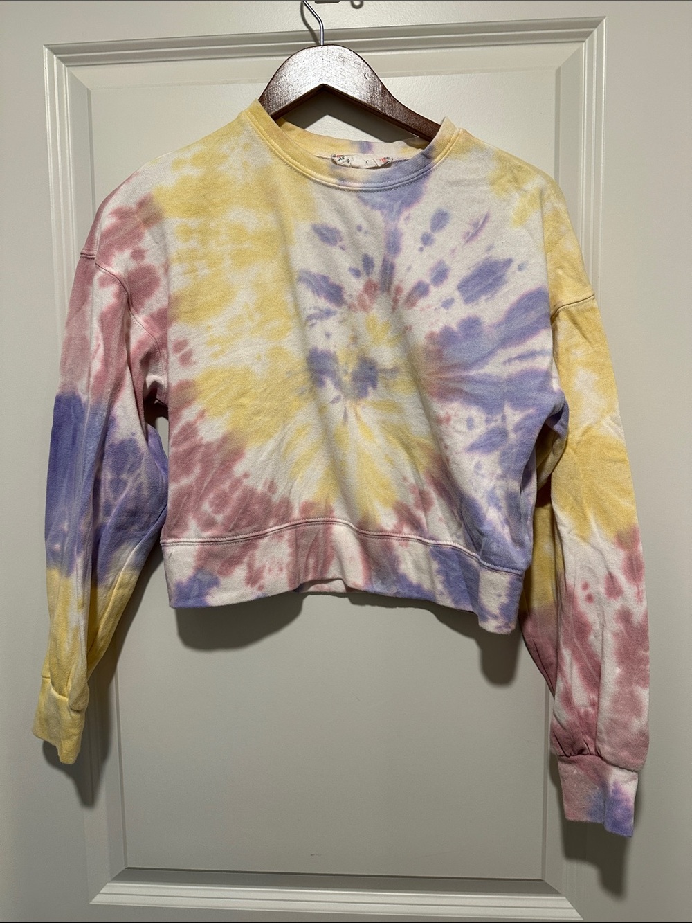 Pink Rose Tie-Dye Cropped Sweatshirt in Yellow, Purple, Pink